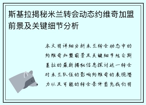 斯基拉揭秘米兰转会动态约维奇加盟前景及关键细节分析