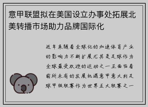 意甲联盟拟在美国设立办事处拓展北美转播市场助力品牌国际化